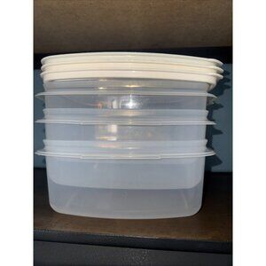 3 Vintage Rubbermaid Servin Saver Square 19 Cup Storage Container #4 Almond Used